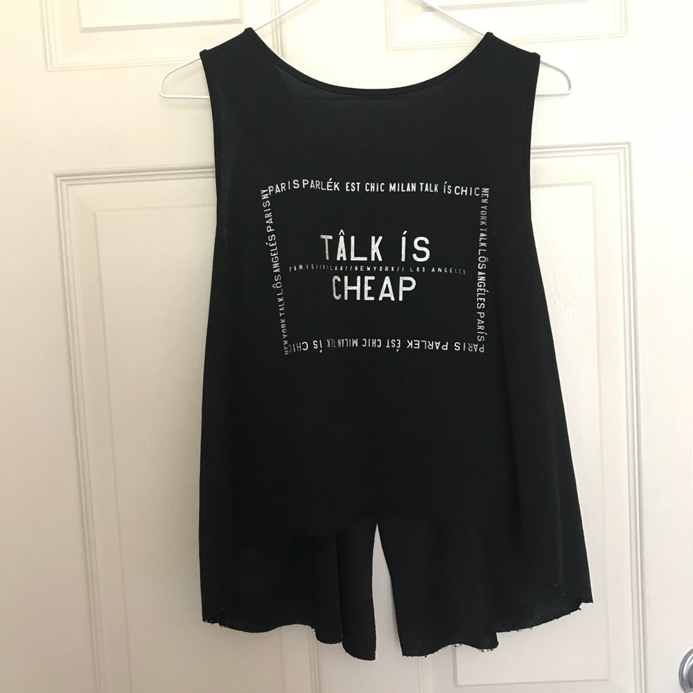 Black w silver words, back cut out, sleeveless top